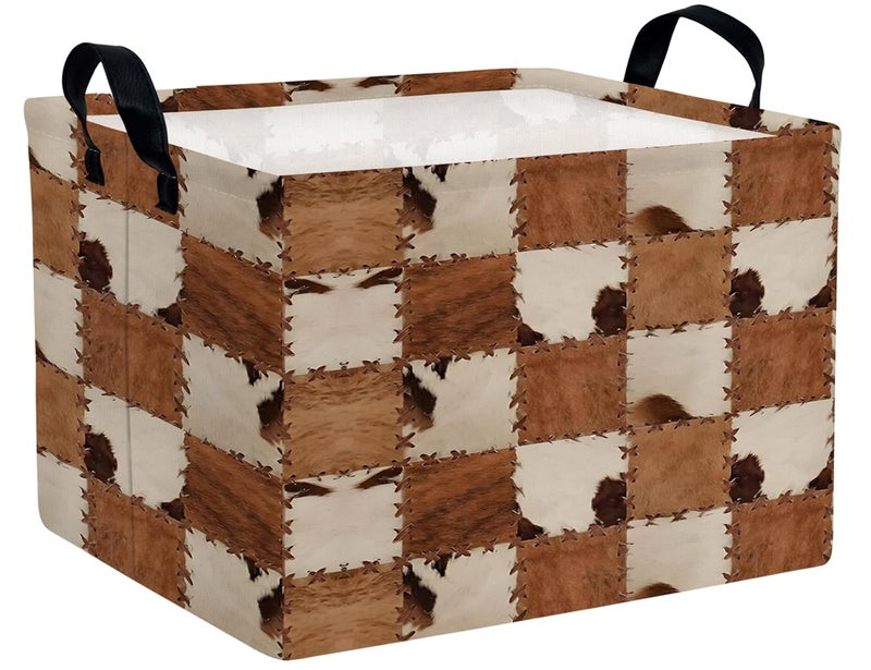 BOOHIT Checkered Kids Toy Basket Collapse Storage Bin with Handles Canvas Cow Fur Print Home Decor(Brown White) - Image 1